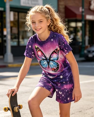 Image of 9-16Y Tween Girl Clothes 2 Piece Short Sleeve Heart Print Top and Shorts Teen Girl Summer Outfits Short Set