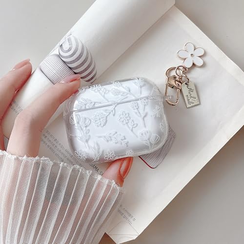 Image of MINSCOSE for with AirPods Pro 3rd Generation Case (2025) with Cleaner Kit,Cute Flower Floral Aesthetic Design with Flowers Keychain for Girls Women for Airpods Pro 3-White