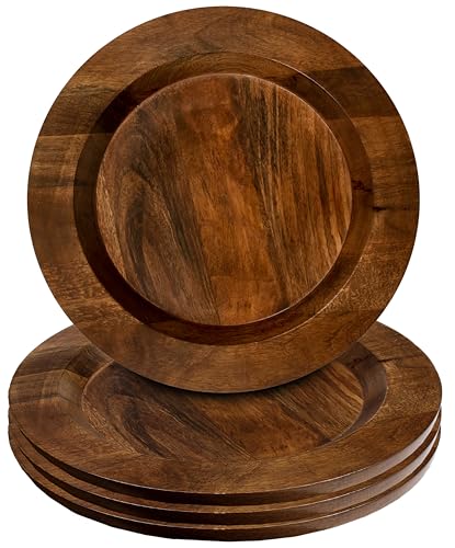 CLEENTABLE Wooden Charger Plates Set of 4 – 13 Inch Round Walnut Wood Dinner Plates, Lightweight Unbreakable Wooden Serving Plates for Dinner, Snacks, Dessert, Kitchen & Dining Table Décor