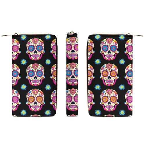 Women's Cute Decor Wallet, Long PU Zipper Wallet, Travel Purse Fashion Design, Huge Storage Capacity Purse Day Dead Colorful Sugar Skull3