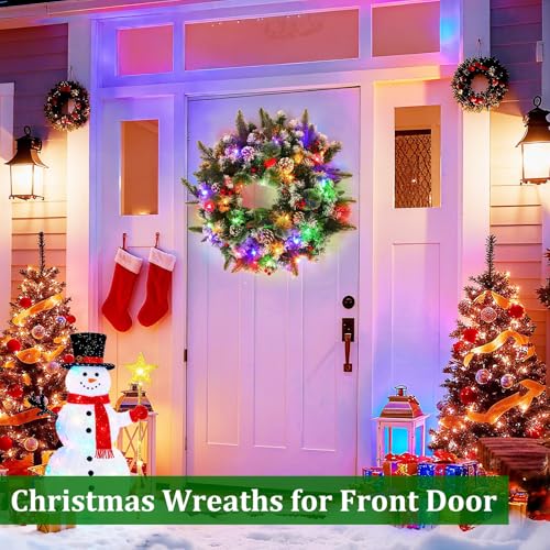 24 Inch Lighted Christmas Wreath, Artificial Christmas Wreaths for Front Door with 50 Warm White&Multicolored Dual Color Lights Timer 8 Modes 15 Pinecones 14 Berries 190 Tips Xmas Indoor Outdoor Home by AMENON - Image 5