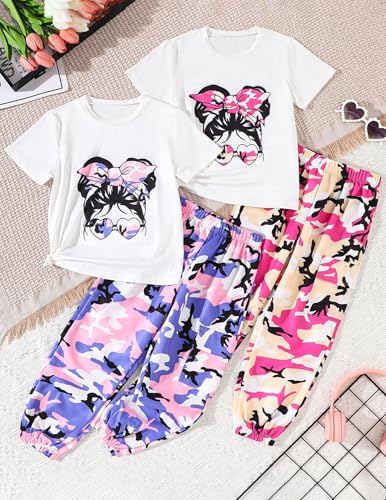 Image of Girls 6 Piece Outfits Casual Cargo Jogger Pants and Basic Love Graphic Print Short Sleeve Top Set 4-12 Years