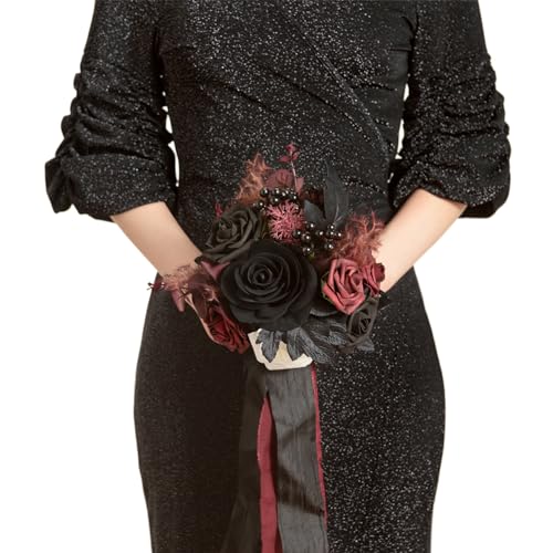 Ling's moment Black Artificial Wedding Flower Bouquets for Bridesmaids Burgundy