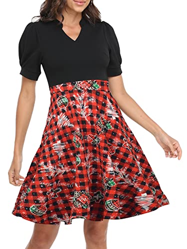 Image of Mokayee Womens Summer Short Puff Sleeve Casual Semi-Formal Fit and Flare Church Wedding Guest Work Dresses with Pockets