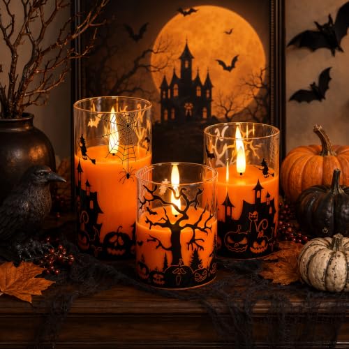 Image of Homemory Halloween Flameless Candles, Glass Shell, Remote Timer, Set of 3