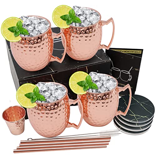 Moscow Mule Copper Mugs, Set of 4 Copper Cups 16oz, Copper Plated Stainless Steel Mugs with 4 Copper Straws, 4 Ceramic Cork Coasters, 2 Straw Cleaning Brush, 1 Copper Measuring Cup