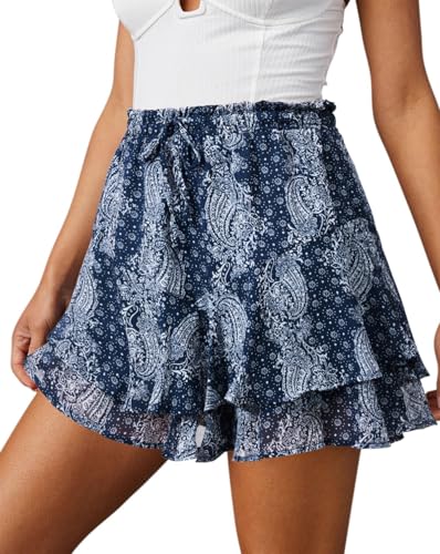 Flowy Shorts for Women Casual Cute Floral Skorts Chiffon Ruffle Tennis Mini Skirts Butterfly Summer Boho Shorts