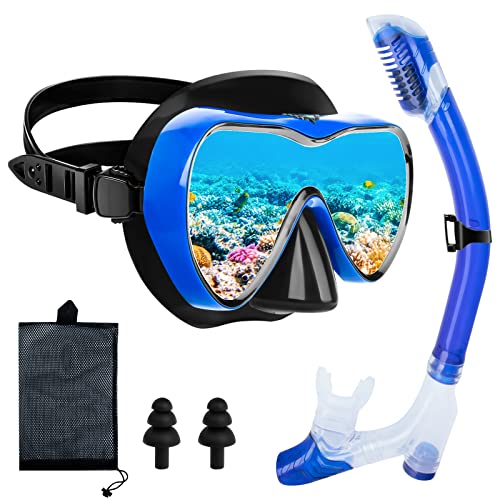 Pack Plongée Dorlle Kit De Plongée Pour Enfant Avec Tuba 3 Canaux Premium Dry Et Lunettes Anti-fuite, Anti-buée, Kit De Plongée Professionnel, Pour Enfants, Bleu Kit Snorkeling Adulte