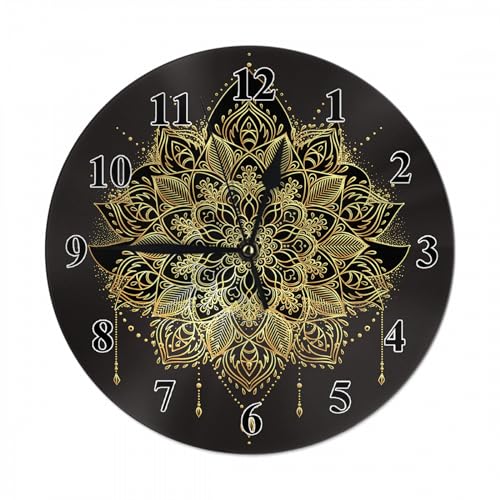 LoLo UoUo Ethnic Art Lotus Flower Wall Clock Indian Paisley Boho Magic Symbol Patterned Farmhouse Unique Large Clock Wall Battery Operated Silent Non-Ticking Decoration, 10 Inch, A1229