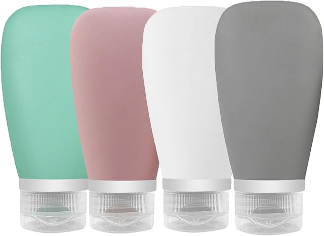 Travel Bottles for Toiletries 90ml, 4 Pack Silicone Travel Toiletries Portable Travel Containers Set Leak Proof Refillable Squeezable Silicone Bottle for Liquid Shampoos, Soap and Cosmetic