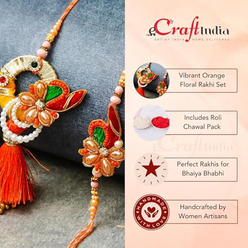 Image of eCraftIndia Orange Floral Designer Rakhis for Brother and Bhabhi | Bhaiya Bhabhi Rakhi Set of 2 | Lumba Rakhi for Bhabhi | Best Bro Ever Fridge Magnet | Roli Chawal Pack