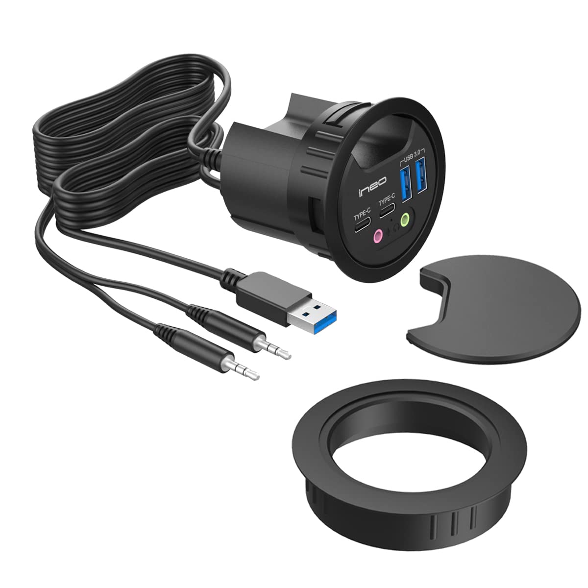 USB 3.0 HUB | ineo | 4 Ports | 2X USB-C | 2X USB-A | Audio I/O | Einbau in 60mm Schreibtischloch | Kabellänge 150cm | Staubschutzabdeckung | Einbauring 80mm | THC06VI