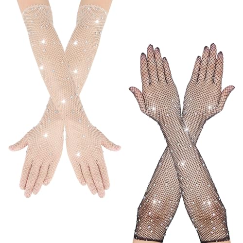 YanBous 2 Pares de Guantes Largos de Rejilla para Mujeres, Guantes Largos de Malla con Strass Brillantes, para Fiestas de Disfraces de los Años 80, Accesorios de Cosplay para Halloween (Negro/Blanco)
