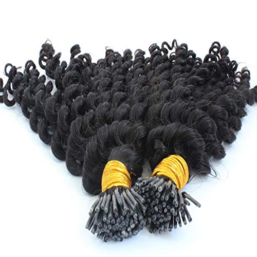 Loose Deep Curly Micro Link Hair Extensions Human Hair I Tip 1g/strand 100g Brazilian Machine Remy Pre-bonded Curly Nano I Tip Hair (14inch, Color 1#)