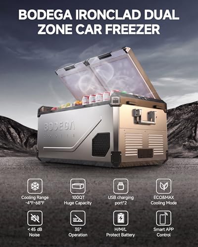 Image of BODEGA 12 Volt Car Refrigerator, 100Quart (95L) Dual Zone Car Fridge APP Control, Portable Freezer, -4℉-68℉ RV Electric Cooler 12 /24V DC &100-240V AC for Outdoor, Camping, Travel