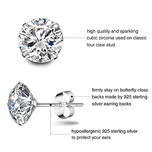 Mmttao 925 Sterling Silver Stud Earrings Pricess Cut Cubic Zirconia Earrings For Women Men Girls Boys 4 Prong Sparkling Pure Brilliance Round Diamond Cz Studs Ear Piercing Earrings Jewelry Gifts, 8Mm #TOP2