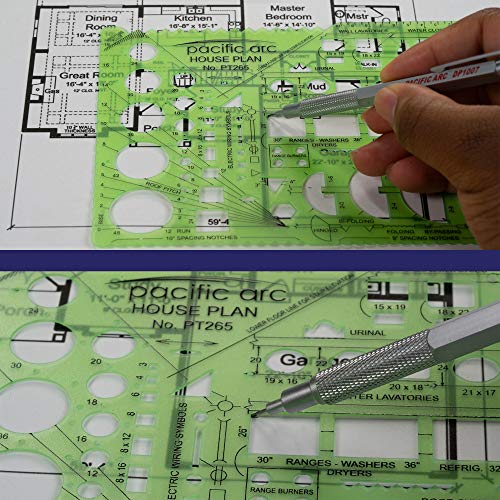 Image of Pacific Arc House Plans Templates Guide, with Stairs, Doors, Plumbing, Kitchen Appliances, and Roof Pitch Gauge, Scale of 1 /4 Inch to 1 Foot