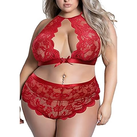 Plus Size Lingerie for Women Sexy High Neck Cut Out Keyhole Two Piece Floral Scalloped Lace Bra and High Waist Panty Set, Wine, XXXXL Cover