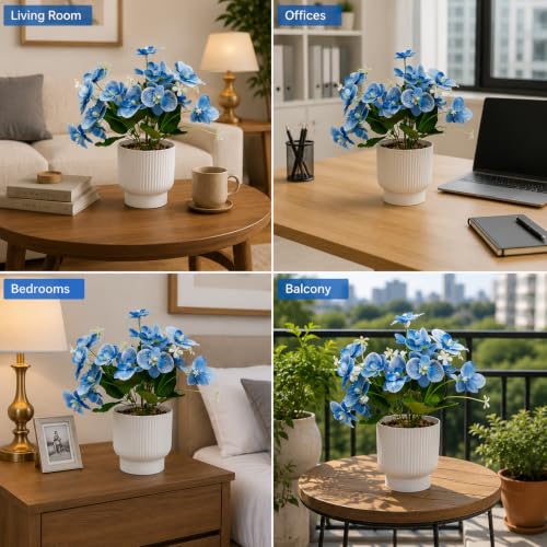 Image of CURATED CART Flower Pot with Artificial Flowers - Orchid Blue Flower with White Vase | Ideal for Home Decor | Office Decor | Gifting | Size 25 x 15cm