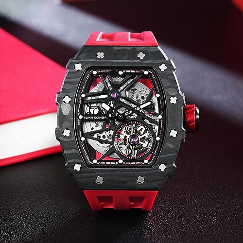 Image of TSAR BOMBA Men's Automatic Watch Tonneau Luxury Skeleton Watches for Men Mechanical 50M Waterproof Analogue Watches Mens Unique Cool Square Big Face Dial Wristwatch with Silicone Strap Band