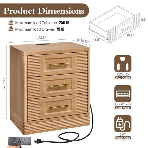 RECHHX 3 Drawer Dresser for Bedroom, 25.6" Tall Nightstand with Charging Station, Farmhouse 23.6" Wide End Table, Thermoformed Curved Small Chest of Drawers for Bedroom, Living Room, Nature Oak — view 2