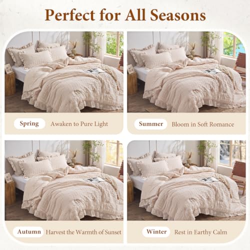 Image of JOLLYVOGUE Beige King Comforter Set, 3 Pieces Seersucker Comforters King Size, Lightweight & Fluffy Bedding Sets for All Season with 1 Ruffle Comforter and 2 Ruffle Pillowshams