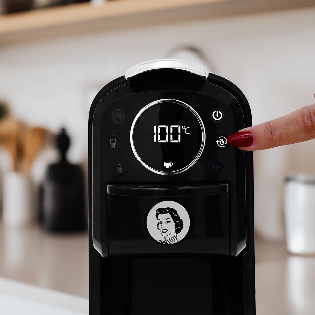 Juanita Cafetera Multicápsula Instant – 1400W, Presión 20 Bares, Compatible con Cápsulas y Café Molido, Pantalla Digital, Depósito 1.3L, Compacta y Fácil de Limpiar