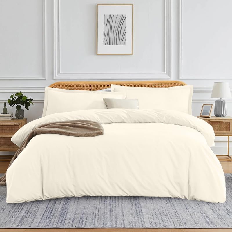 1-Piece Queen Size Duvet Cover Only, 88" x 90", 100% Egyptian Cotton, 600 Thread Count, Ivory Solid, Zipper Closure, Lightweight Cooling Duvet Cover, Soft Breathable Bedding