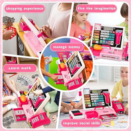 Image of DZLING Kids Cash Register Toy Playset with Real Calculator, Scanner, Credit Card, Play Money, Food, Pretend Supermarket Shopping Toy for Boys & Girls Toy for Ages 3-8