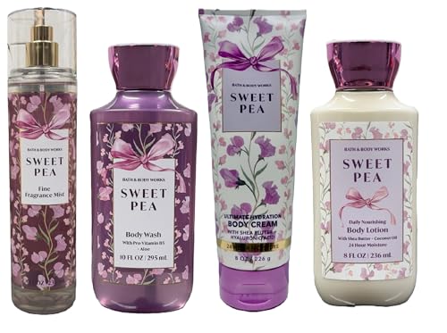 Bath and Body Works Sweet Pea 4 Piece Body Care Set - Mist Body Cream Lotion and Body Wash - Full Size