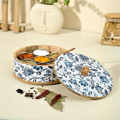 Image of Brick Brown Handcrafted Wooden Floral Masala Box for Kitchen | Masala Dabba | Spice Jars | Spice Rack Organizer Storage Box with 7 Containers & 1 wooden spoon(8.25x 3.75 Inch)