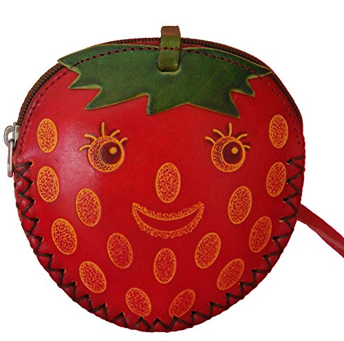 Real Leather Strawberry Coin Purse, Handmade Strawberry Pattern Change Purse, Wrist Strap And Zipper #TOP5
