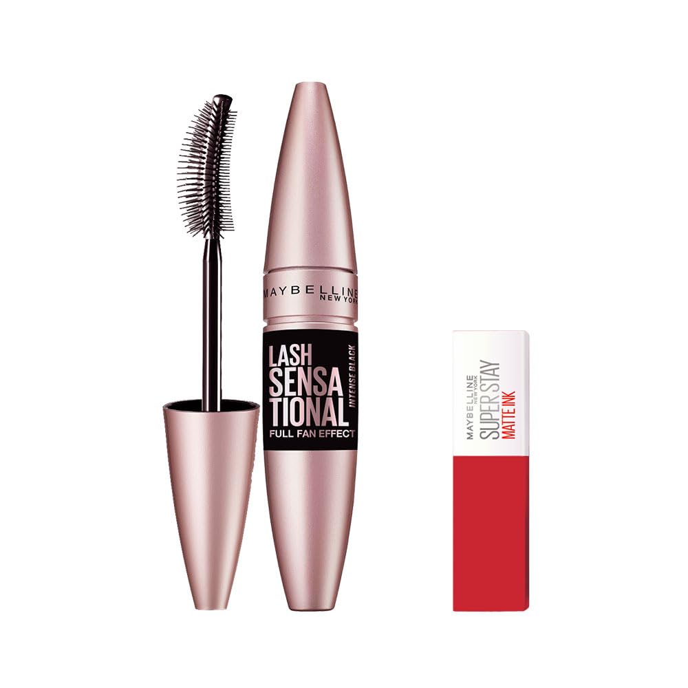Maybelline New York Lash Sensational Yelpaze Etkili Intense Black Maskara - Ekstra Siyah 9.5 ml & Mini Super Stay Matte Ink Likit Mat Ruj 20 Pioneer Makyaj Seti
