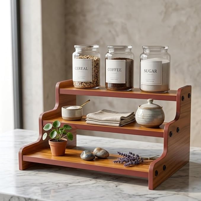 3-Tier Spice Rack, 13.8 Inch Wood Step Shelf Countertop Spice Storage Holder, Kitchen Pantry Cabinet Organizer Cupboard for Spice Bottles, Jars, Seasonings, Baking Supplies,