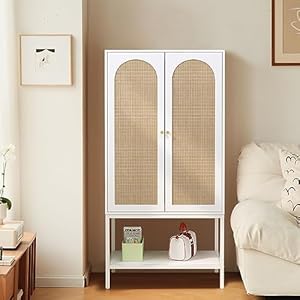 FOKWE Wardrobe Closet with 2 Doors, Rattan Wardrobe Cabinet with Shelves and Hanging Rail for Clothes, Bedroom Independent Wardrobe Closet (White)