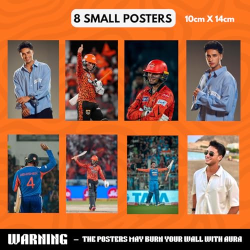 Image of Abhishek Sharma Gift Merchandise | 10 Premium Posters, 13 Stickers, 12 Photocards & 1 Split Poster | Aesthetic Abhishek Sharma Merchandise Gift Set for Cricket Fans | Posters Combo Pack for Room Decor