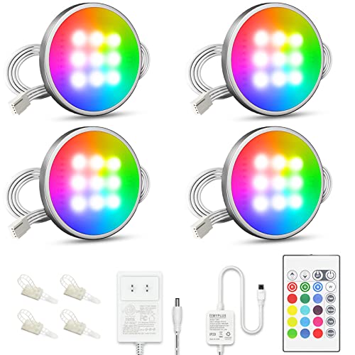 Image of MYPLUS Under Cabinet Lighting Kit, RGB Puck Lights with Remote Control Color Changing and Bright LEDs,12V, 7.5W Plug-in Wired led Lighting kit for Cabinet, Counter, Closet, Shelf, Display Case