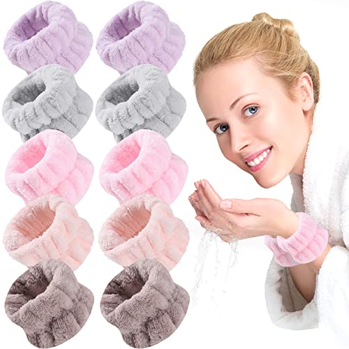 ZOCONE 5 Pares Muñequeras de Spa, Suave Muñequera Absorbente de Maquillaje de Franela Elástico Pulseras de Lavado de Cara Banda de Lavado de Muñeca (Caqui, Rosa, Gris, Rosa Palo, Morado Claro)