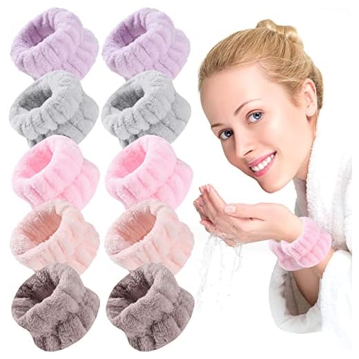 ZOCONE 5 Pares Muñequeras de Spa, Suave Muñequera Absorbente de Maquillaje de Franela Elástico Pulseras de Lavado de Cara Banda de Lavado de Muñeca (Caqui, Rosa, Gris, Rosa Palo, Morado Claro)