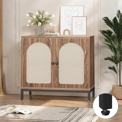 GarveeHome Rattan Sideboard Buffet Cabinet, Kitchen Storage Cabinet with Adjustable Shelf for Living Room, Hallway, Dark Brown