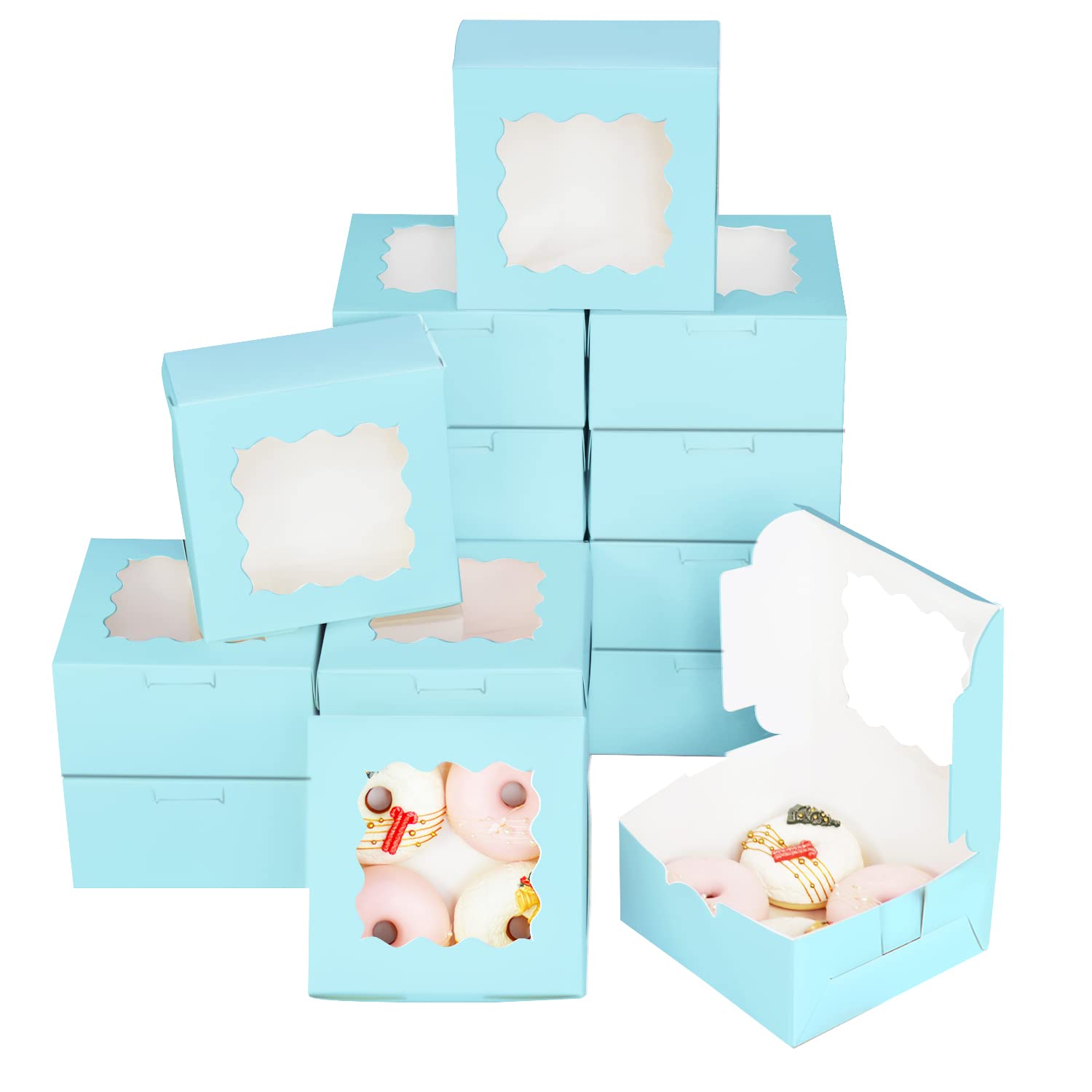 Bakepacker 60pcs Light Blue Cookie Boxes 6x6x3 inches Easy Assemble Macaroon Pastry Boxes Bakery Boxes with Window for Bakery