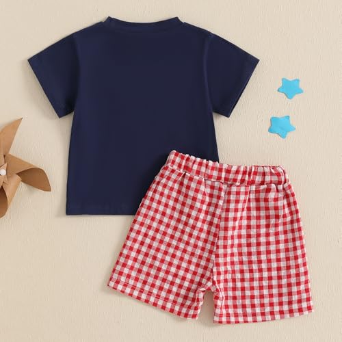Image of 4th Of July Toddler Boy Outfit Popsicle American Flag T-Shirt and Gingham Plaid Shorts Set Independence Day Clothes