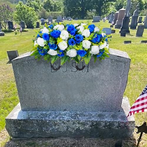 Artificial Headstone Flower Saddle, Cemetery Flowers for Graveside, Memorial Grave Flowers for Cemetery Tombstone Headstone Decoration (Blue with White) image 5