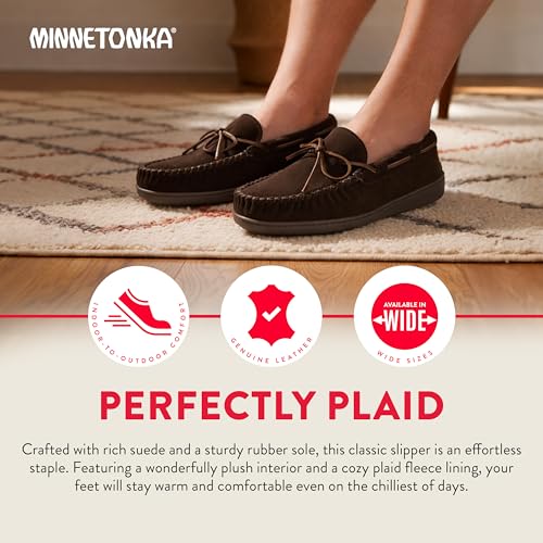 Image of Minnetonka Plaid Lined Hardsole - Moccasin Slippers for Men Made with Suede Upper, Rubber Sole, Plush Interior, Fleece Lining, Rawhide Lace, and Traditional Moccasin Design