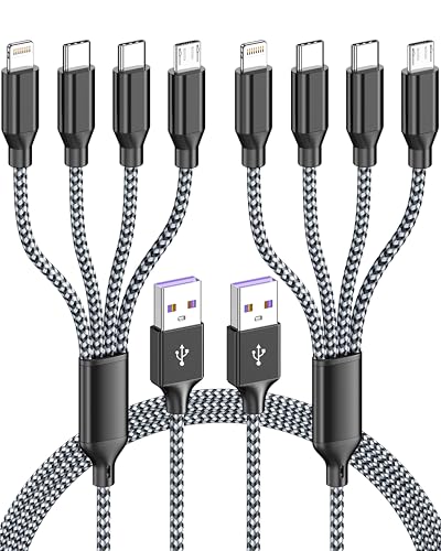 Multi Charging Cable 4ft 2Pack, Doub Tyep-C 4 in 1 Charging cable Nylon Braided Lightning iPhone Charger,Universal Charger Phone Cord With Type-C,Micro USB,IP Port for iPhone17-5/Android -Black Grey