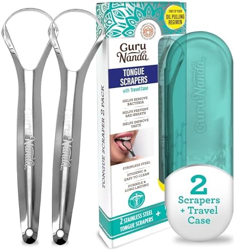 GuruNanda Tongue Scraper for Adults (2 Pack) with Travel Case, 420 Medical-Grade 100% Stainless Steel Tongue Cleaner, Aids in Fresh Breath & Oral Care