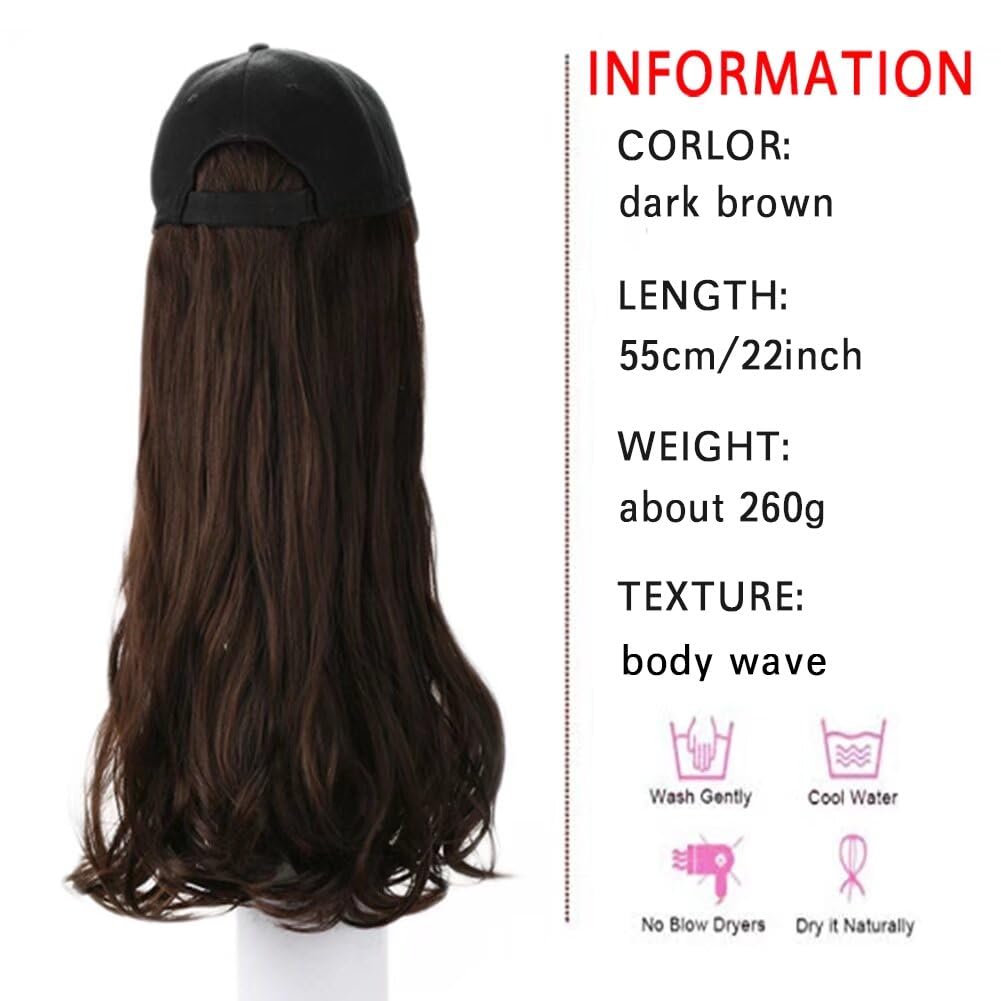 LaLuLoLi Dark Brown Baseball Cap with 22" Hair Synthetic Wavy Hairpieces Black Hats with Long Curly Body Wave Hair Piece Attached for Women Gilr Daily Party Use - Image 3