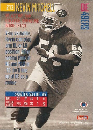 1994, Kevin Mitchell, San Francisco 49ers, Signed, Autographed, Topps Football Card, Card #213, a COA Will Be Included