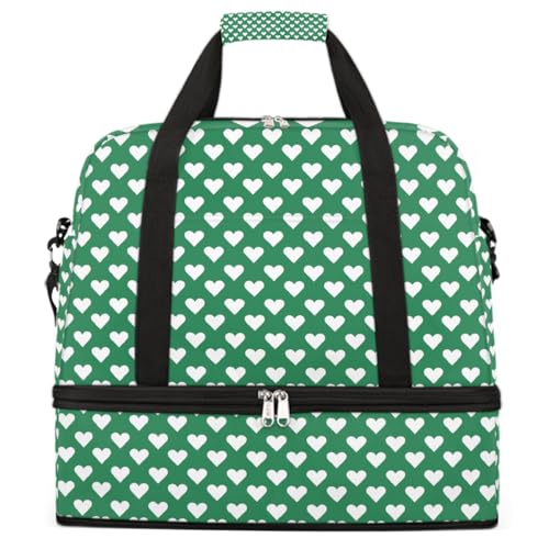 Sports Gym Bag Green Heart Dots Large Travel Duffel Bag With Shoe Compartment Foldable Waterproof Carry-On Weekend Travel Bags for Camping Overnight Yoga Hospital Travel Bags
