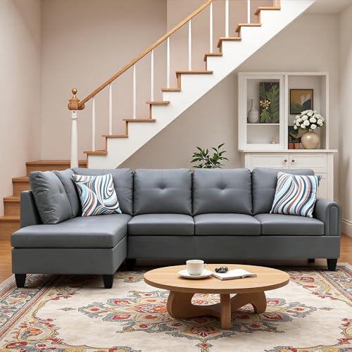 Image of L-Shaped Sectional Sofa, Modern 4-Seat Couch with Left Facing Chaise, Leather Sectional Couch for Living Room, Apartment, Office, Dark Grey